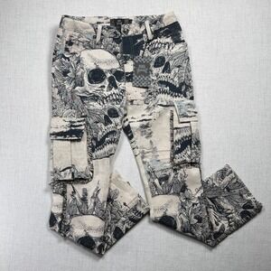Rebel Jeans Skull Floral Graphic Cargo Straight Leg Cream Black Print Size 30